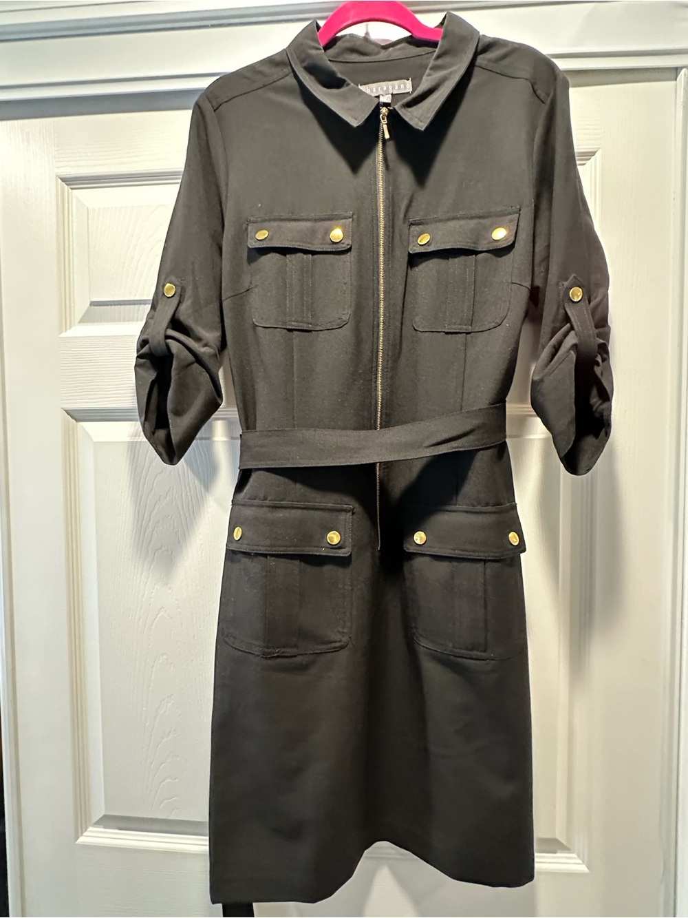 Sharagano Black dress wirh gold accents and belt